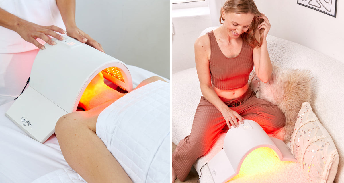 A split image of woman receiving light therapy in a treatment room with Elipsa on the left and a woman giving herself an at-home treatment using Elipsa on the right